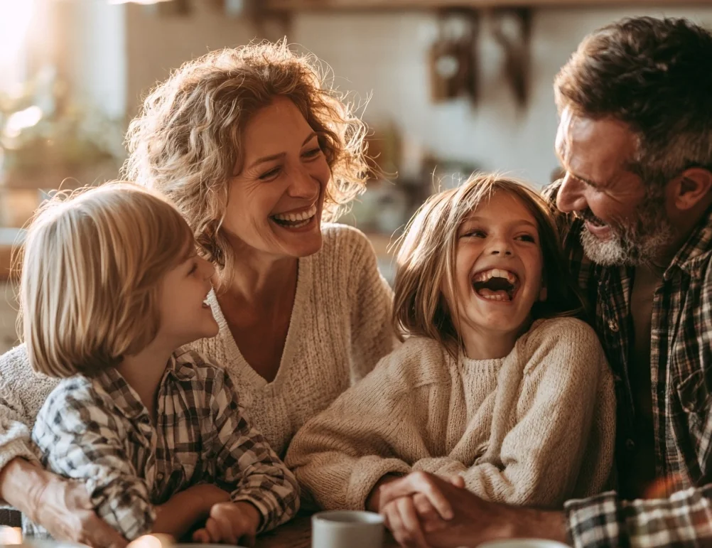 Parents and two children sharing a laugh around the table.