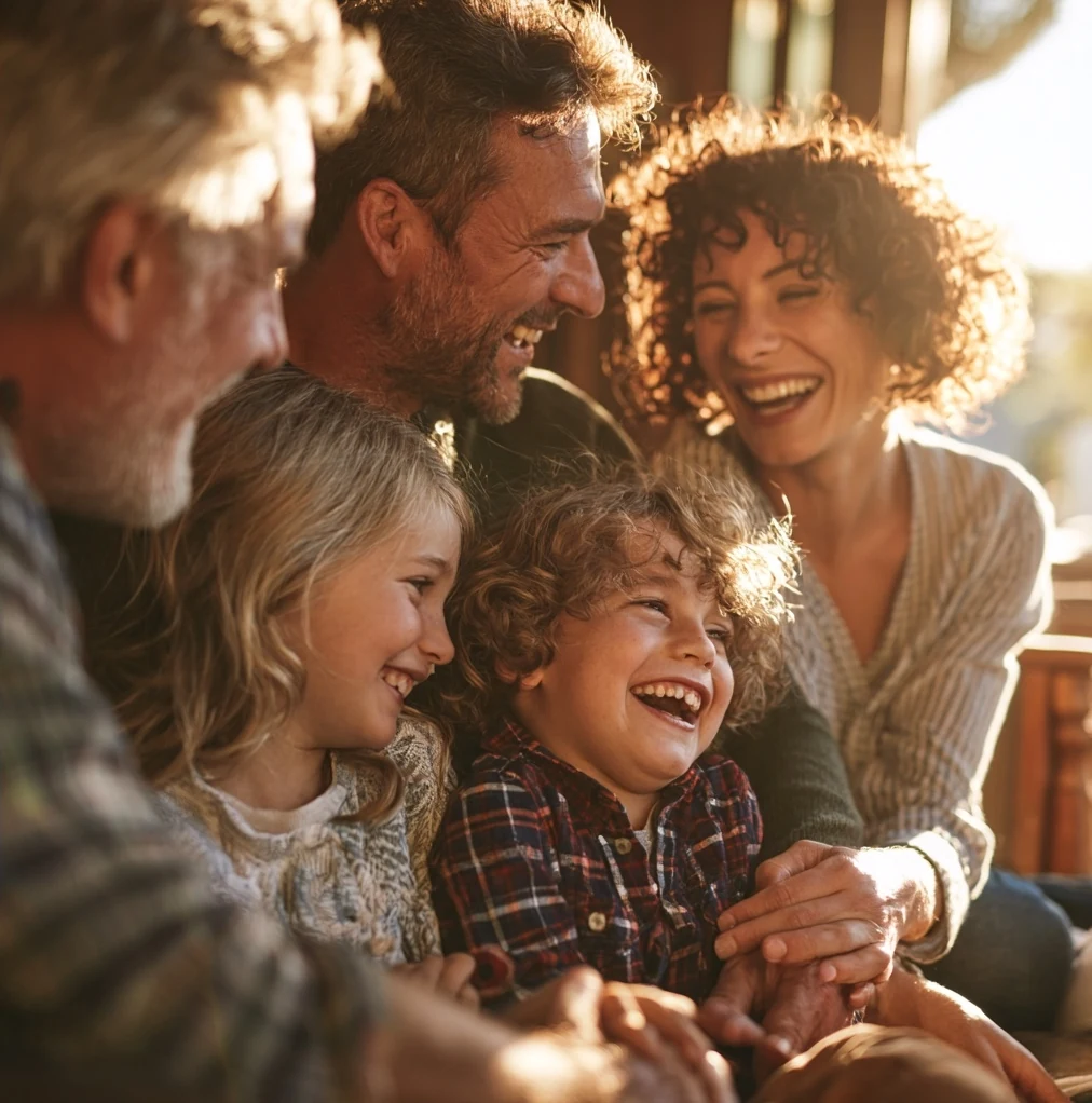 Three generations sharing a laugh together in warm sunlight.